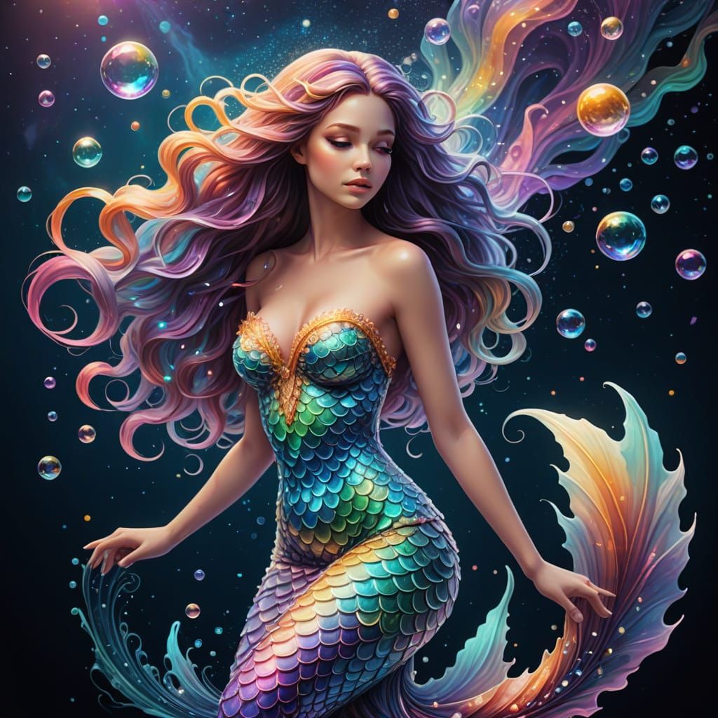 Surreal Cosmic Mermaid in Vibrant, Swirling Patterns