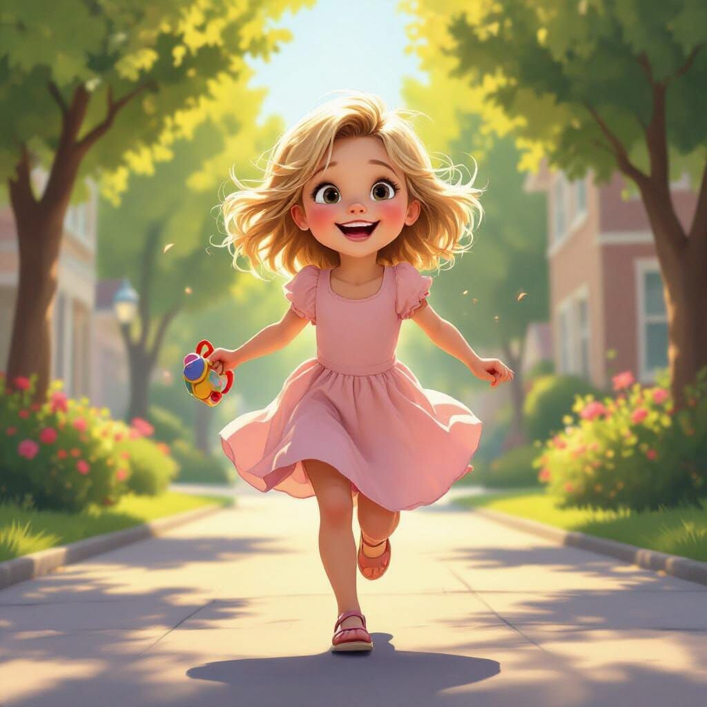 Girl Running Happily, Pixar-Style Animation