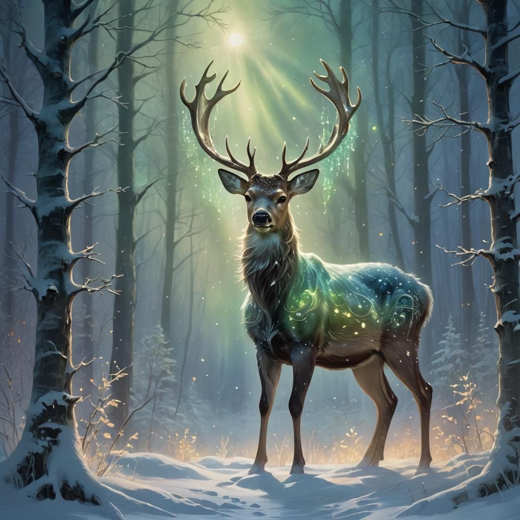 Cosmic Deer of Northern Lights in Winter Forest
