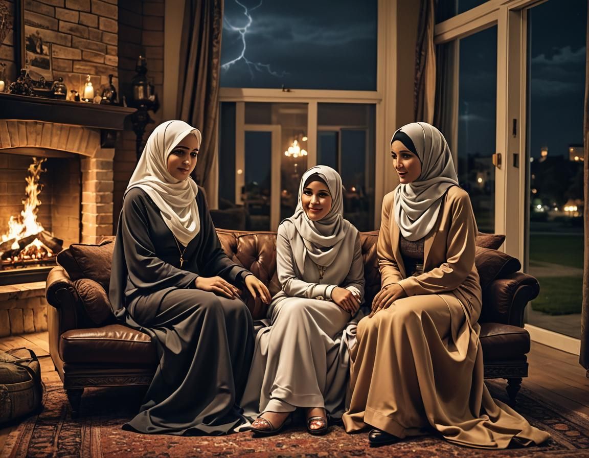 Intricate Portrait: Hijabi Women by Fireplace at Night