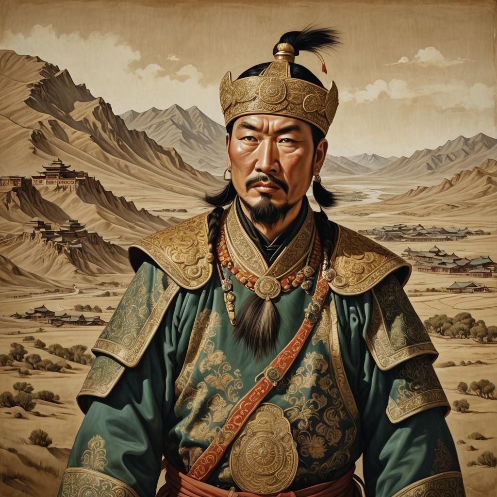 Mongol King Portrait with Golden Accents