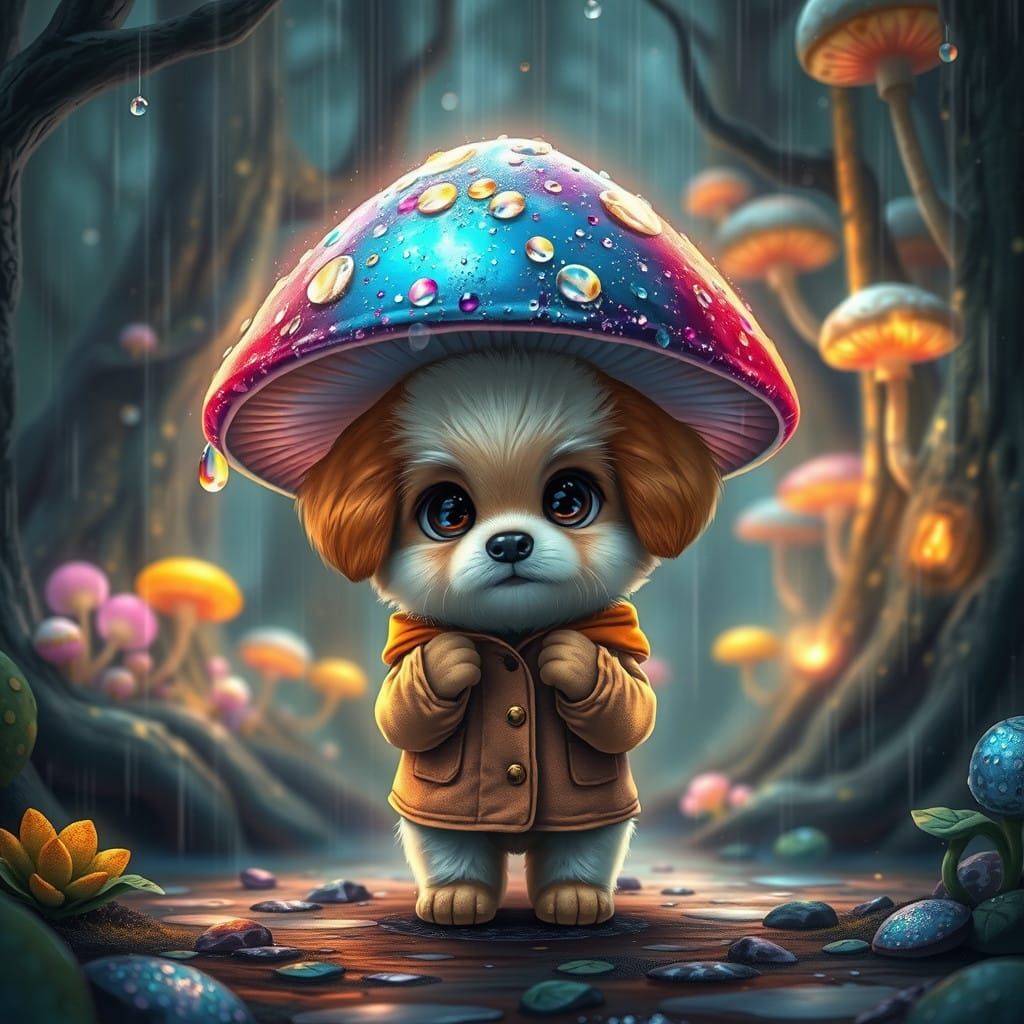 Whimsical Puppy Sheltered by Vibrant Mushroom Umbrella in a...