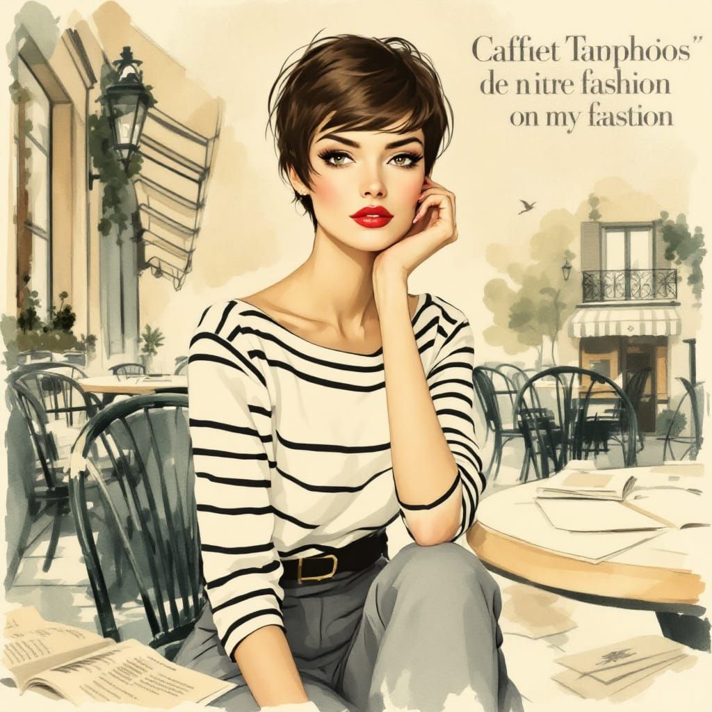 Chic Woman at Parisian Café, Crepax-Style Art