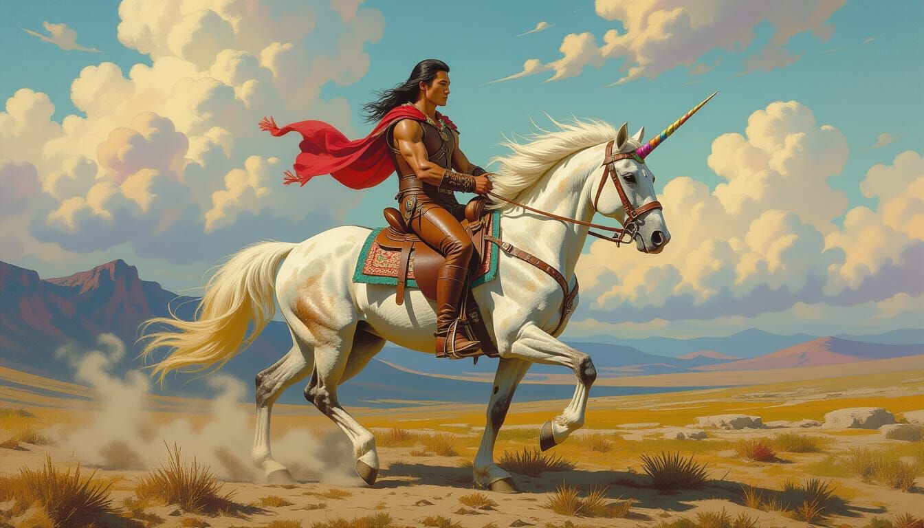 Teenage Mongolian Rider on Rainbow Unicorn in Surreal Landsc...