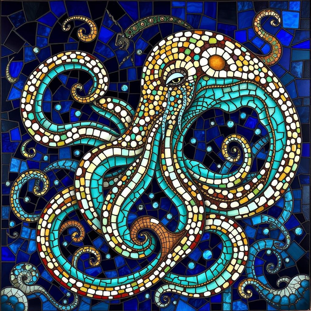 Whimsical Kraken Mosaic in Vibrant Stained Glass Style