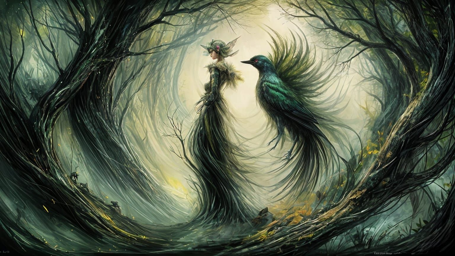 Mystical Elf and Magpie in Abstract Digital Art