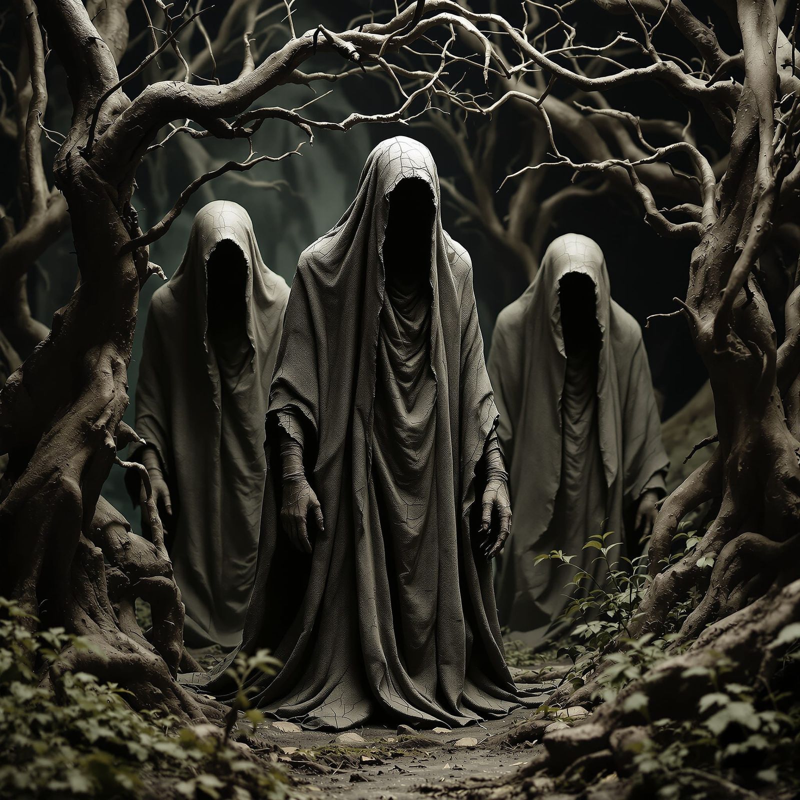 Eldritch Forest Tribunal: Textured Beings in Dramatic Light