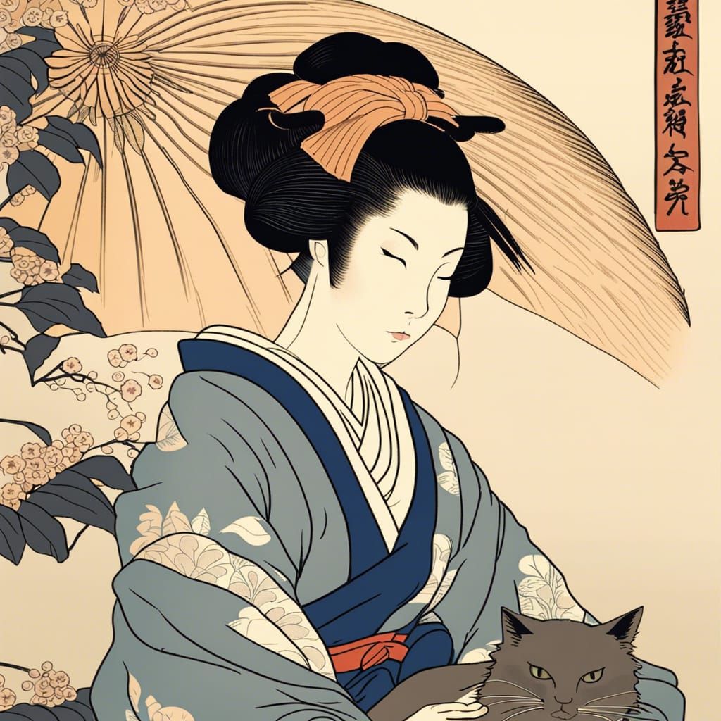 Woman with Cat in Ukiyo-e Style