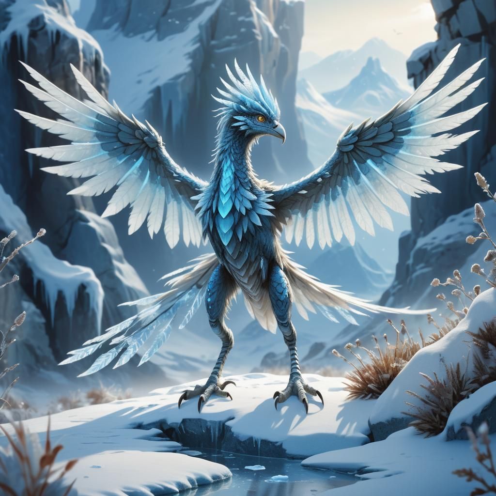 Snowy Archaeopteryx-Dragon Hybrid on Icy Terrain