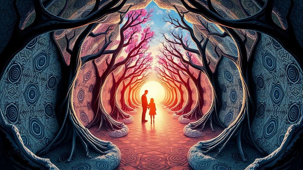 Surreal Fantasy Scene with Mirrored Light and Texture