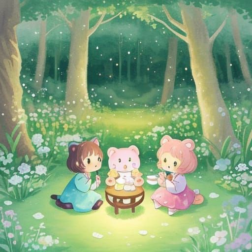 Kawaii Animals Have Tea Party in Whimsical Forest