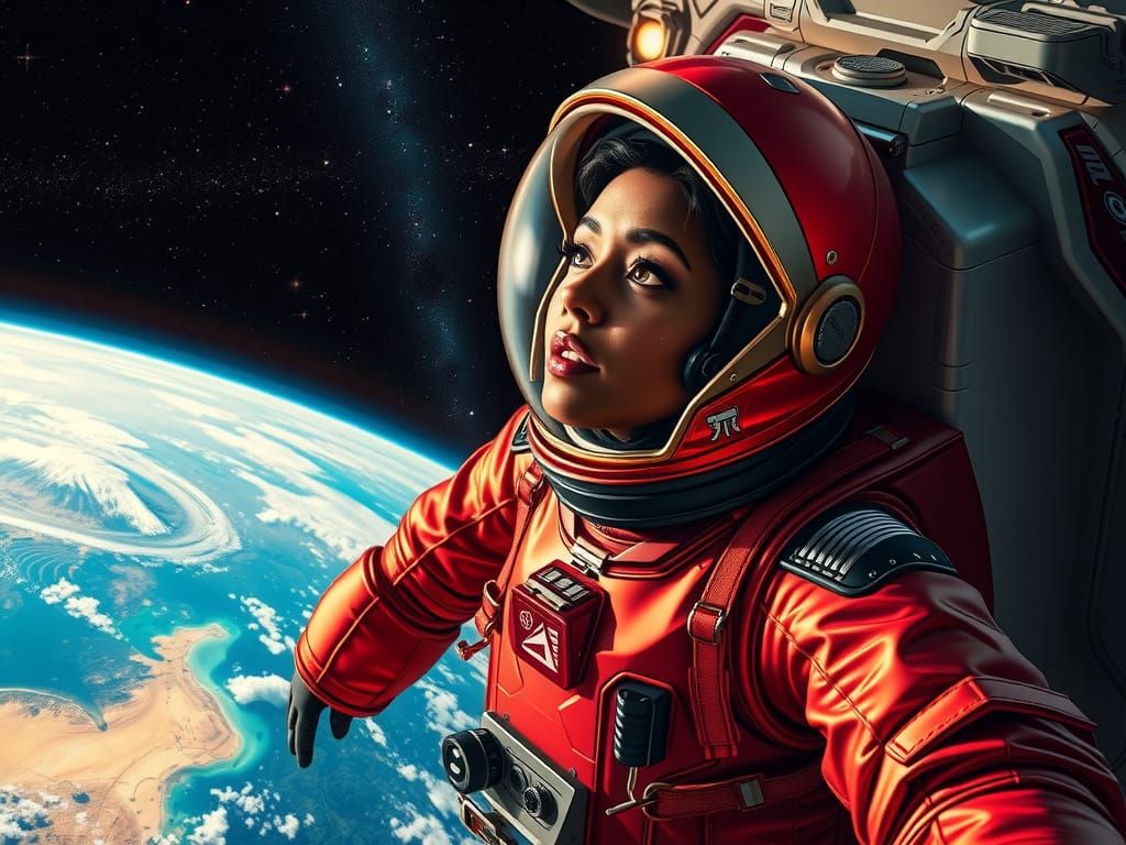 Black Female Astronaut in Red and Gold Spacesuit