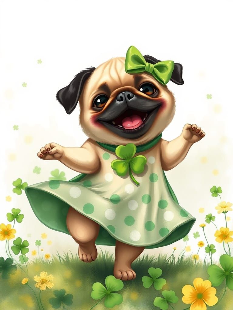 Whimsical Pug in Green Polka Dotted Dress Dances with Joy