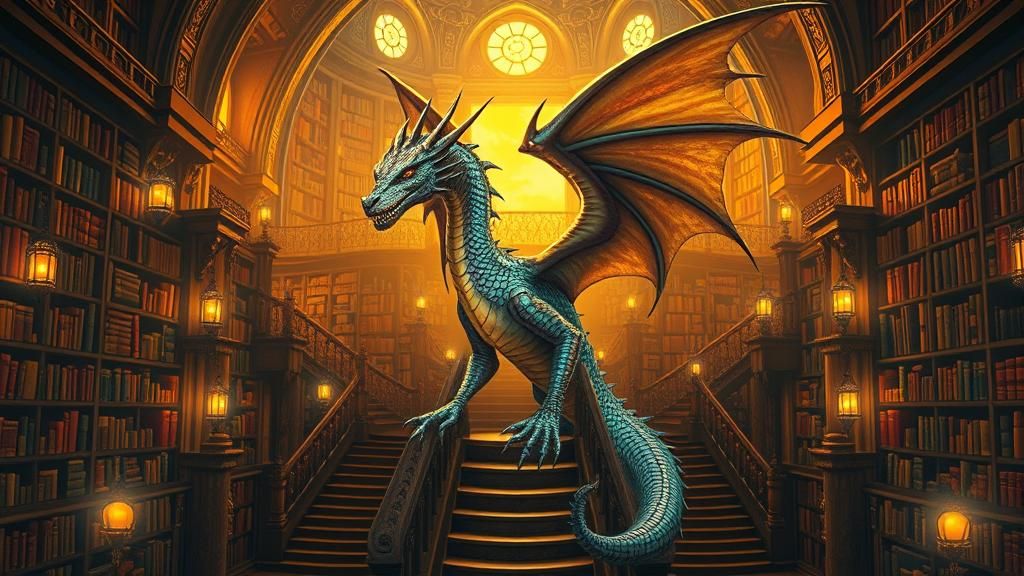 Dragon in Mystical Library: Surreal Fantasy Art