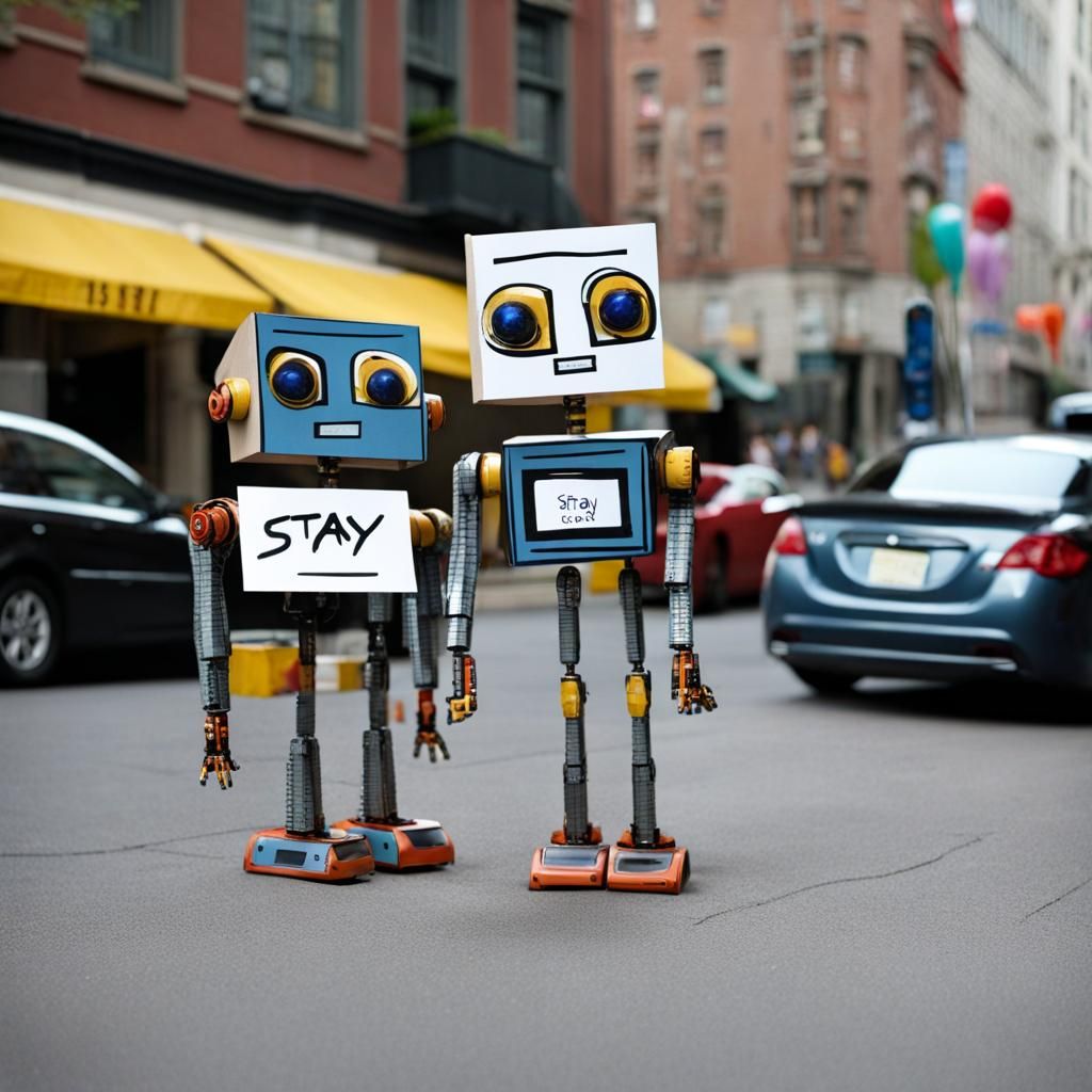 Robots on the Street Holding a Sign
