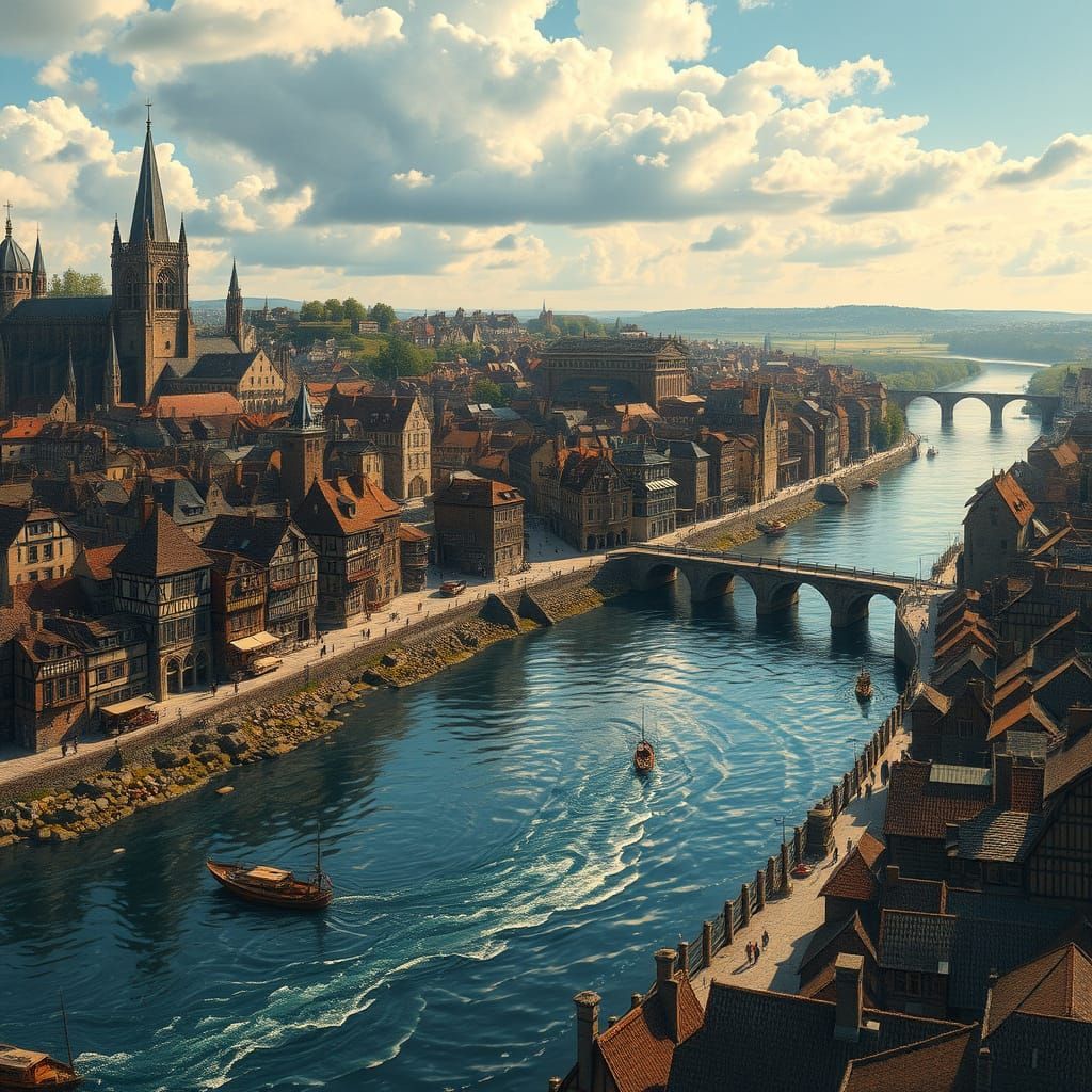 Medieval River City in a Whimsical, Atmospheric Style
