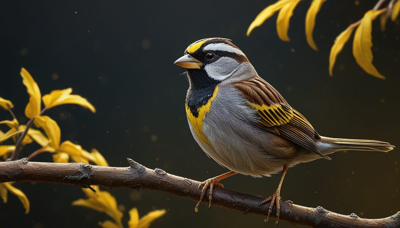 Hyperrealistic Yellow-Throated Sparrow on Branch, Splash Art...
