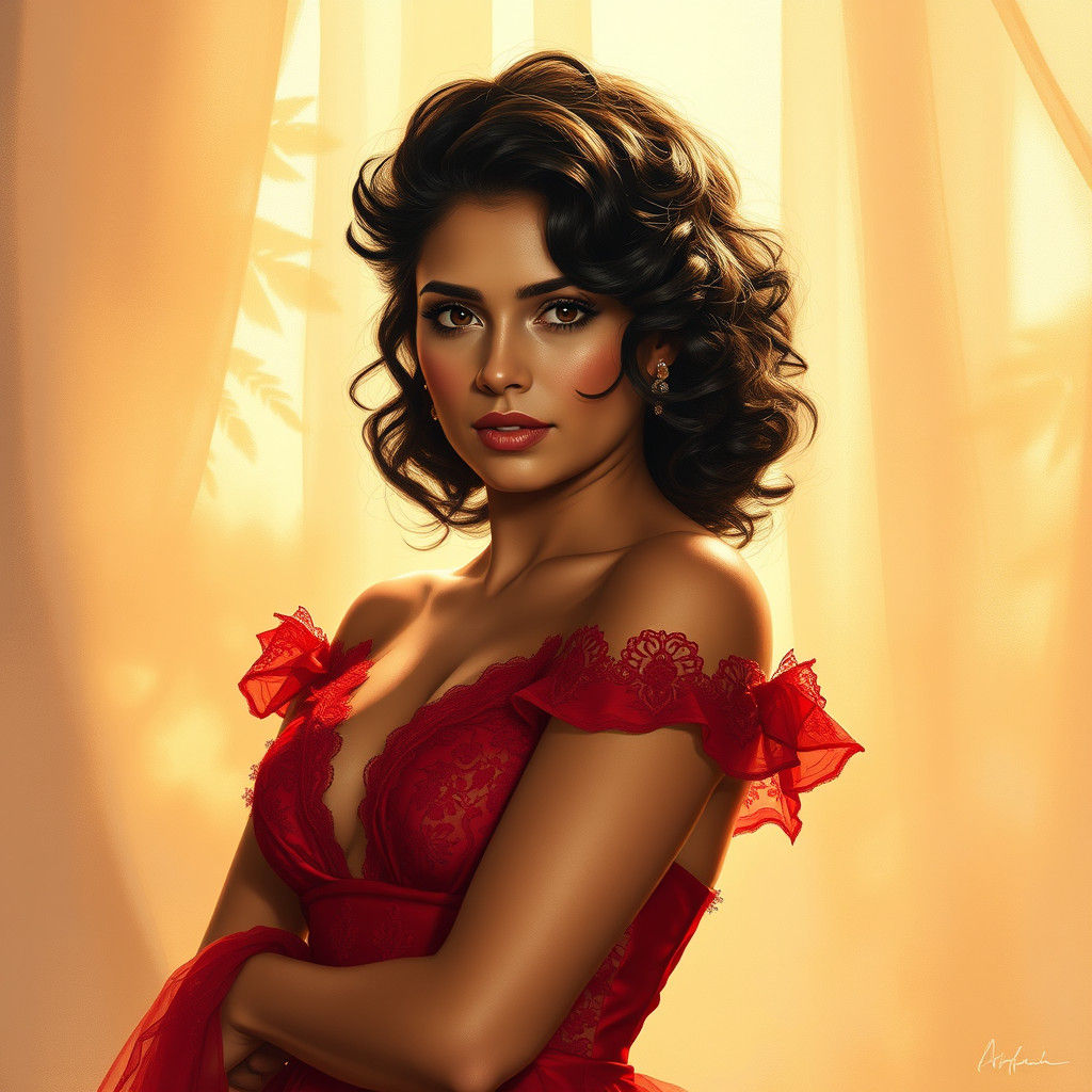 Latina Woman in Red Gown: Romantic Realism