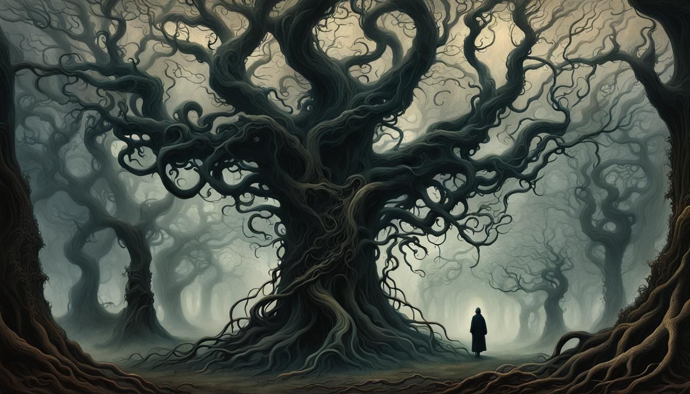 Eerie Silhouette in Twisted Forest, Shadow Depth Horror