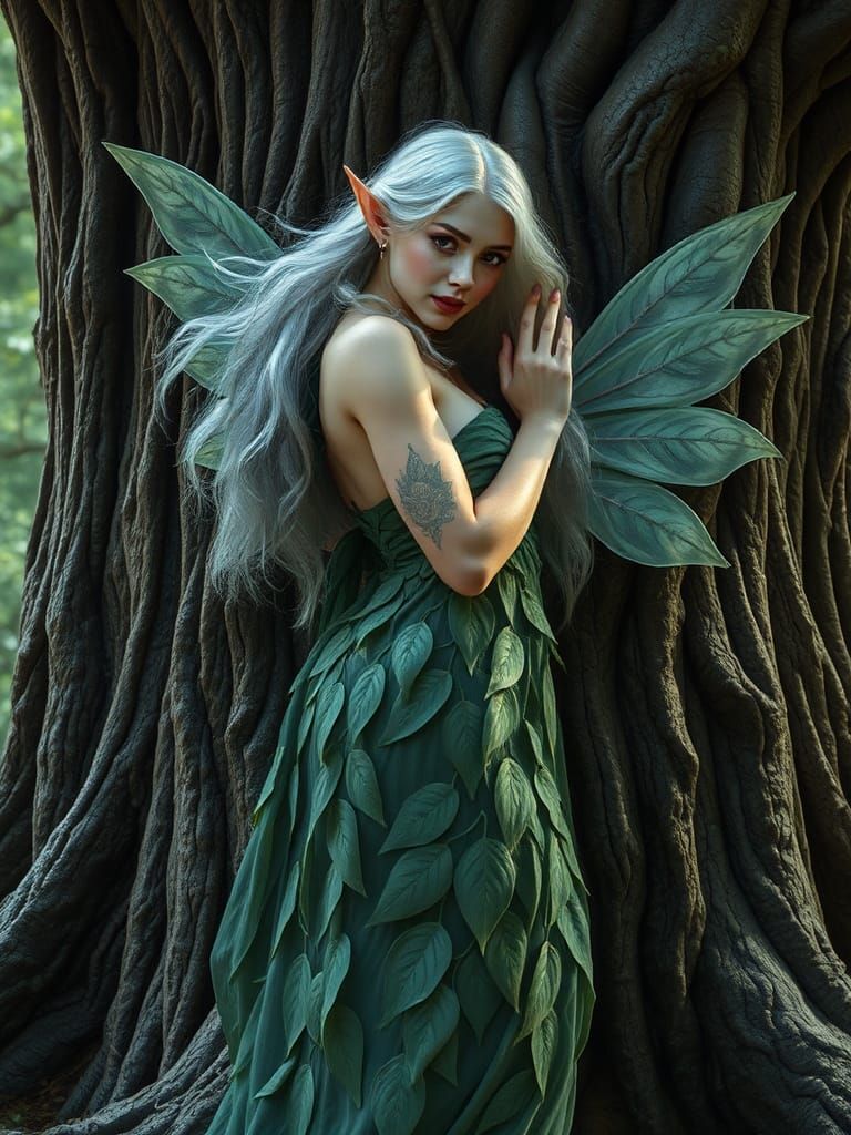 Enchanting Elf Druidess Embraces Ancient Tree