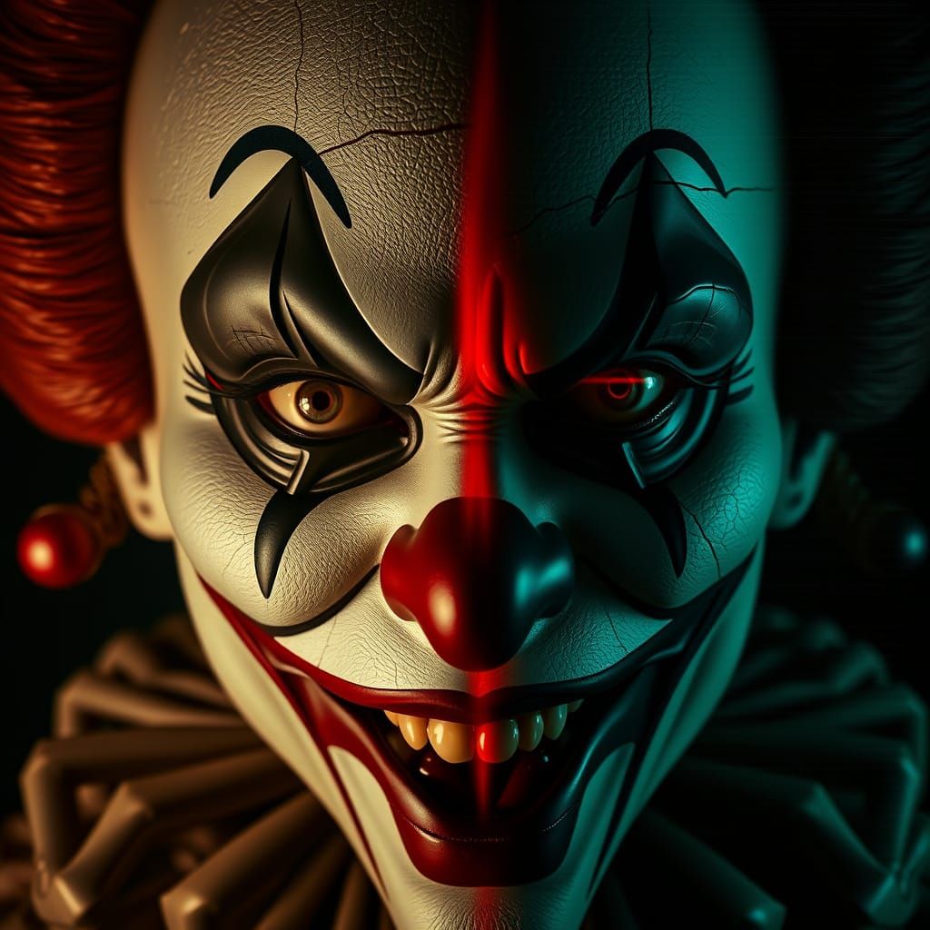 Sinister Clown Face with Art Deco and Analog Horror