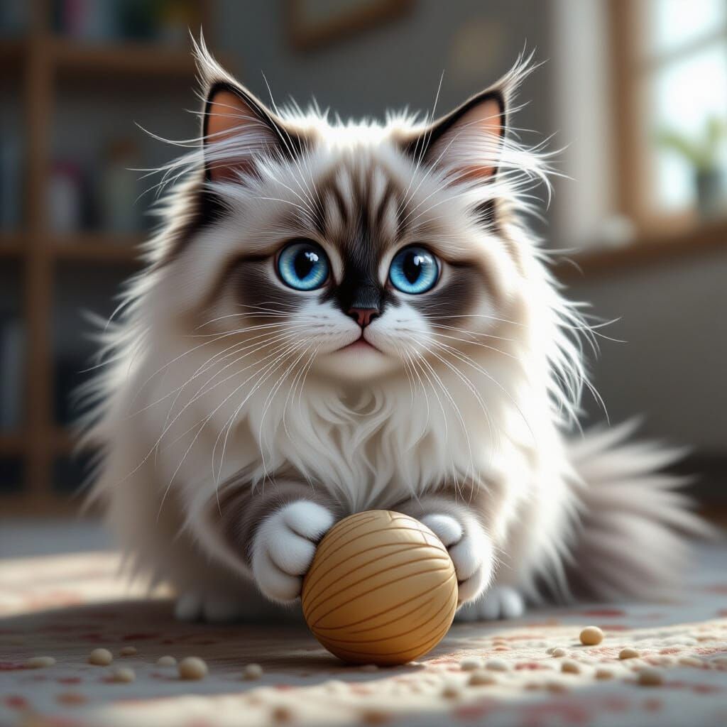 Hyperrealistic Ragdoll Cat Playing with Ball