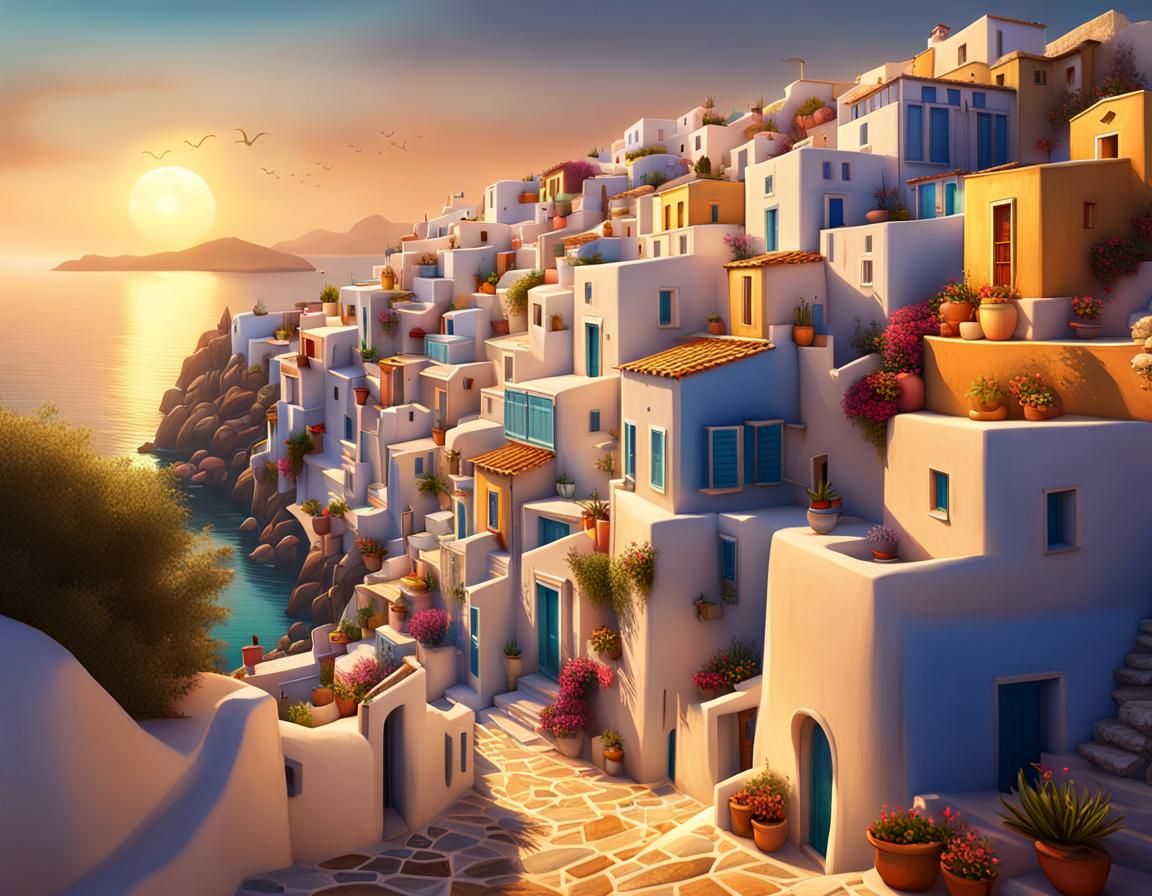 Picturesque Cycladic Village at Golden Hour: 3D Art
