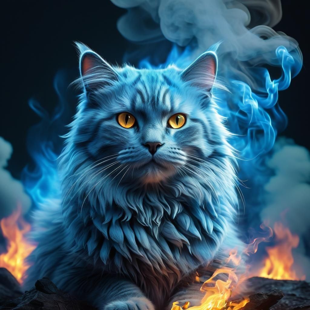 Ethereal Cat Formed from Clouds and Blue Fire