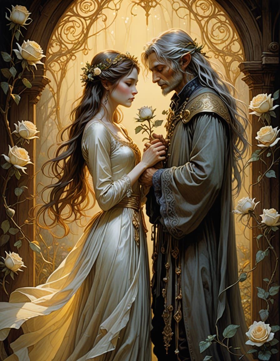 Romantic Fantasy Scene in Kinuko Kraft Style