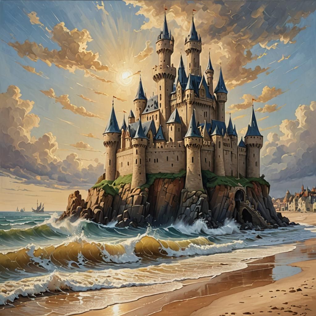 Romantic Sandcastle Fortress Against Gentle Waves