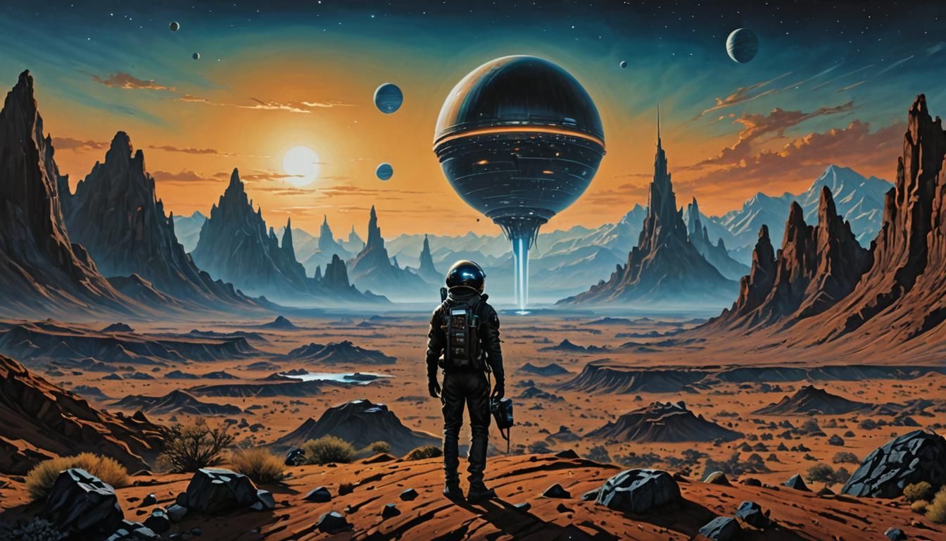 Alien Planet Explorer in Retrofuturistic Acrylic Style