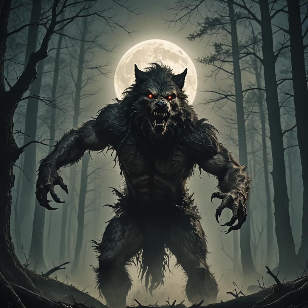 Werewolf Transformation in Misty Forest, Dark Fantasy