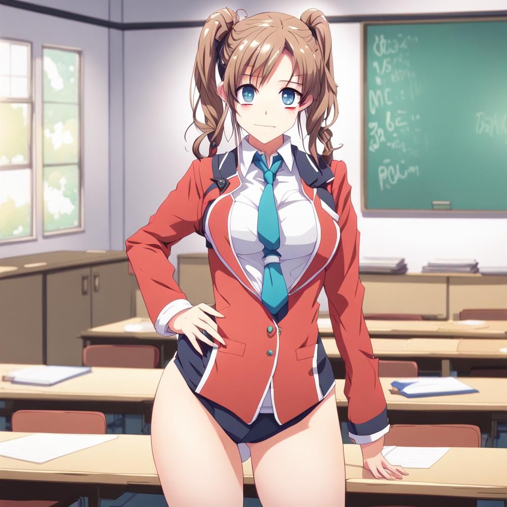 Anime Teacher with Twintails in Classroom