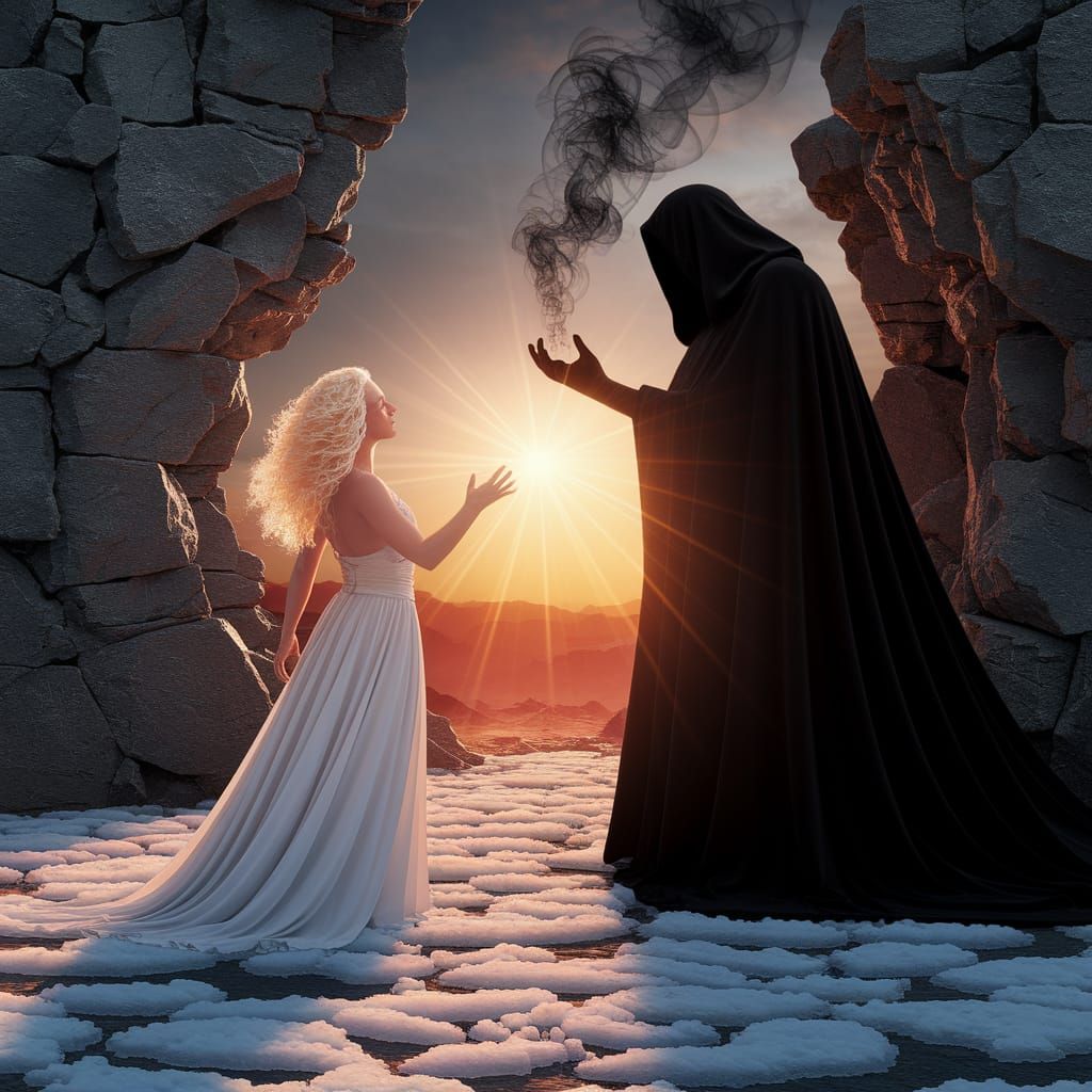 Light Versus Shadow: Woman and Cloaked Figure