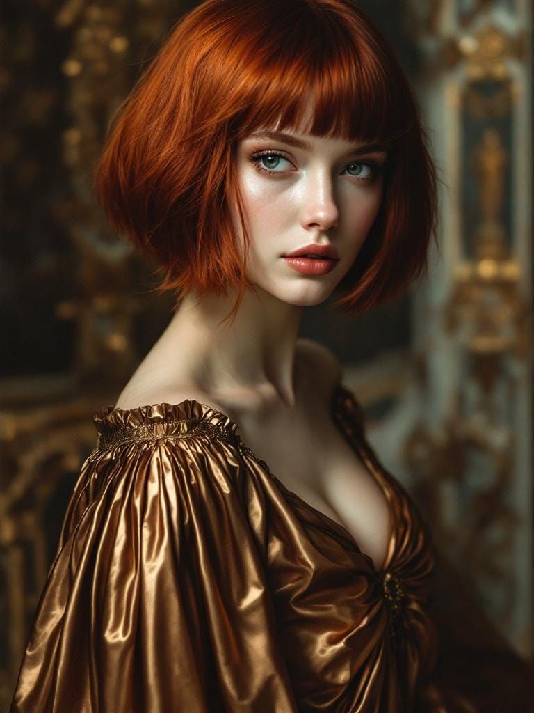 Redhead in Bronze Dress: Rococo Portrait