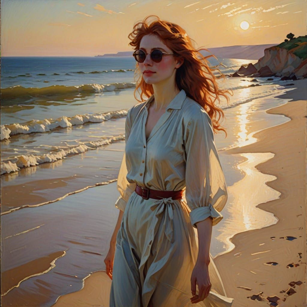 Beautiful Red-Haired Woman in Serene Beach Scene, Impression...
