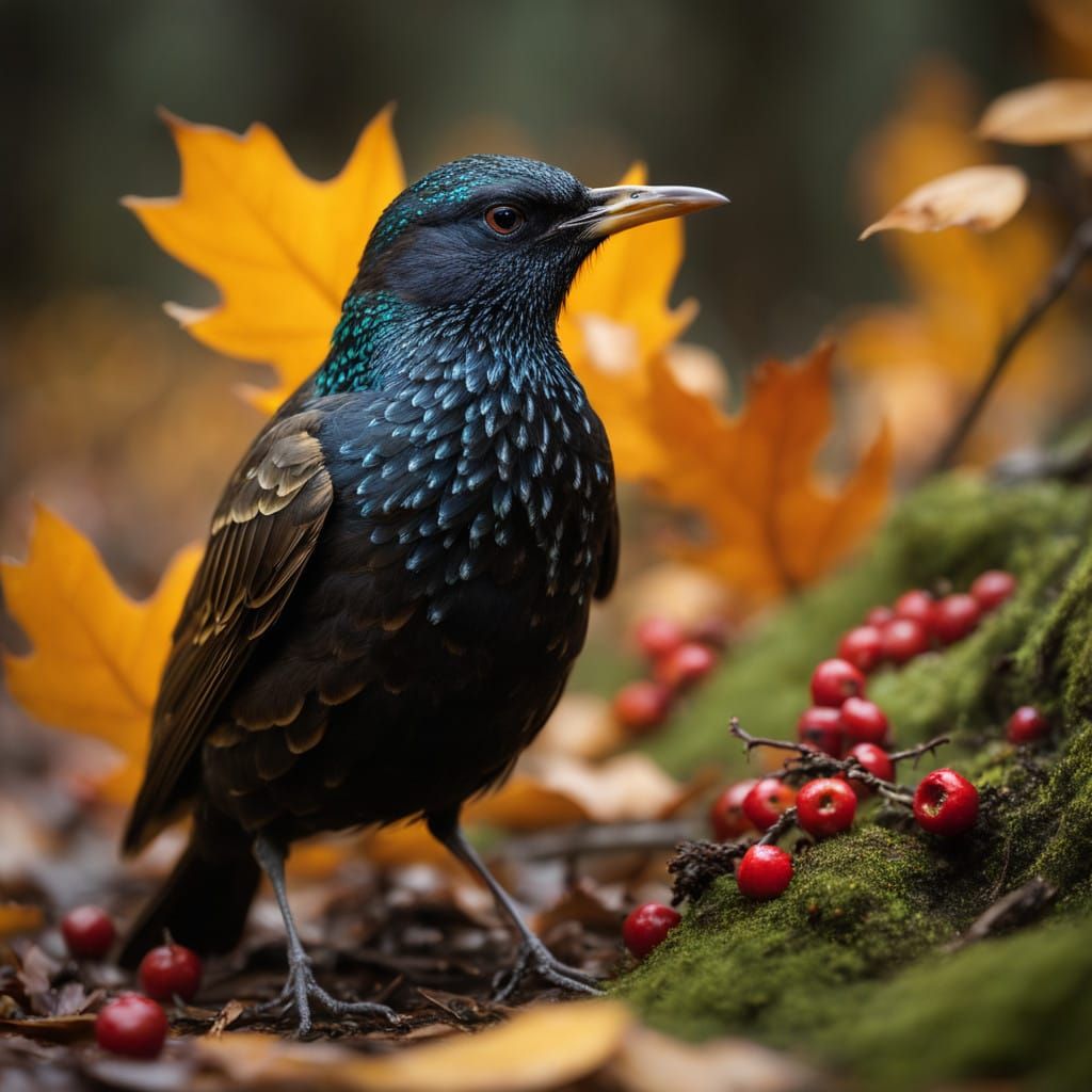 Starling in Vibrant Forest Glade
