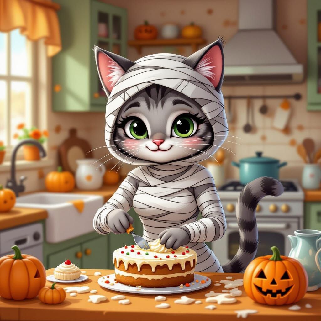 Anthropomorphic Cat Mummy Baking Halloween Birthday Cake