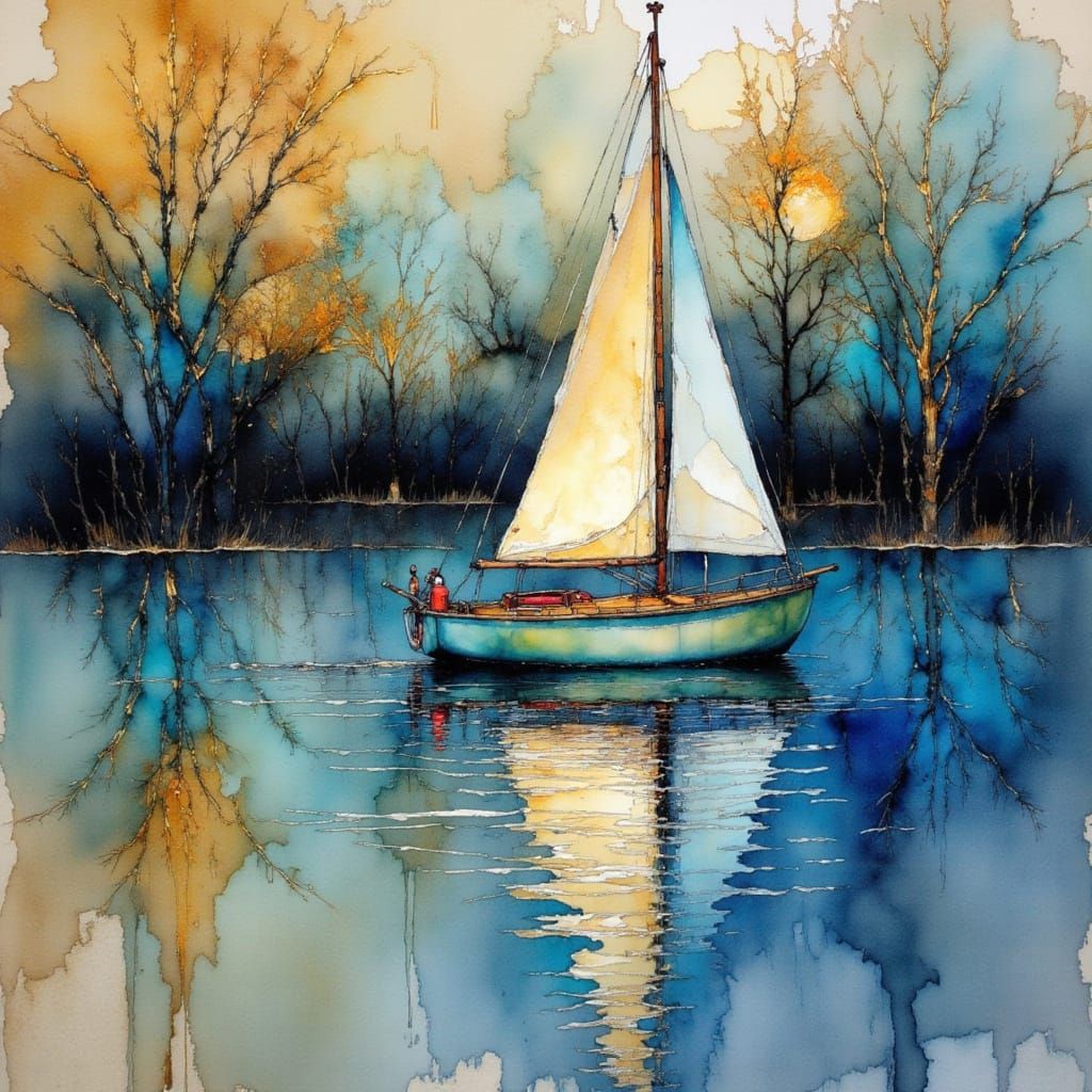 Impressionist Sailboat on Lake with Gold Veins
