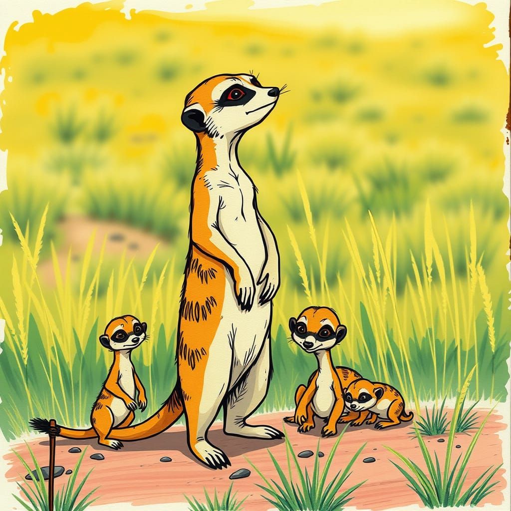 Meerkat Family Guardian in Cartoon Oil Painting