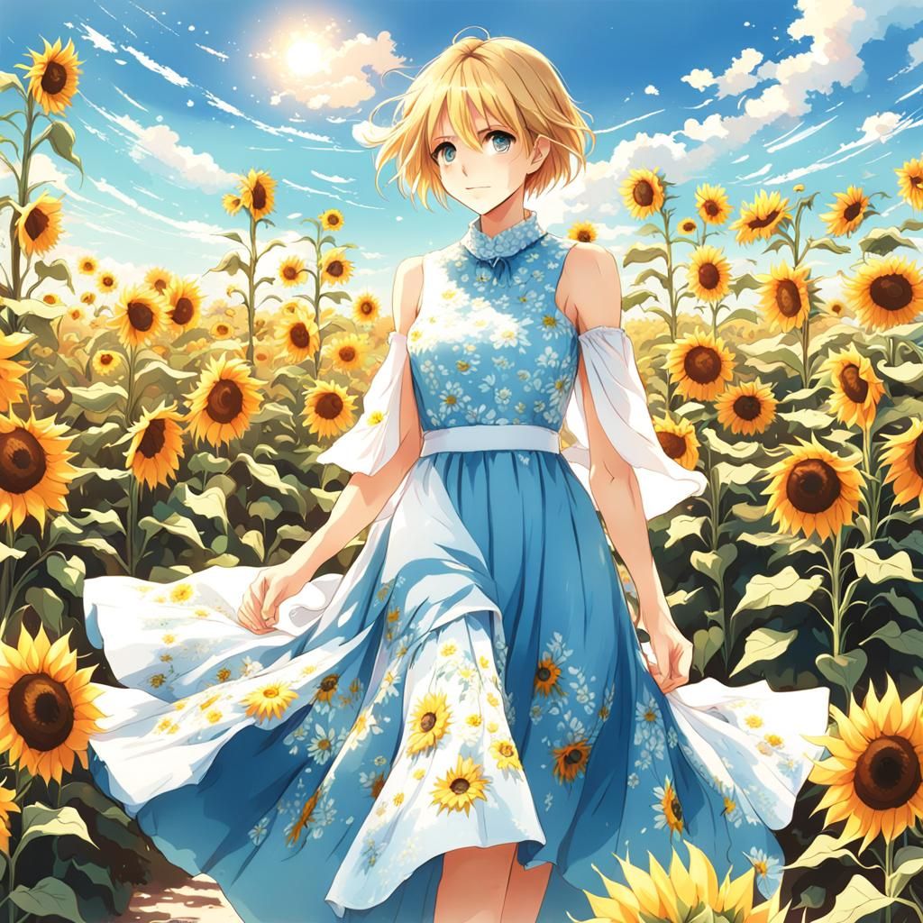 Blonde Woman in Sunflower Dress: Anime Art