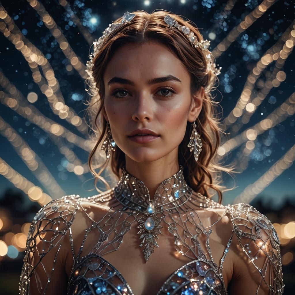 Woman in Glass Dress with Night Sky Background