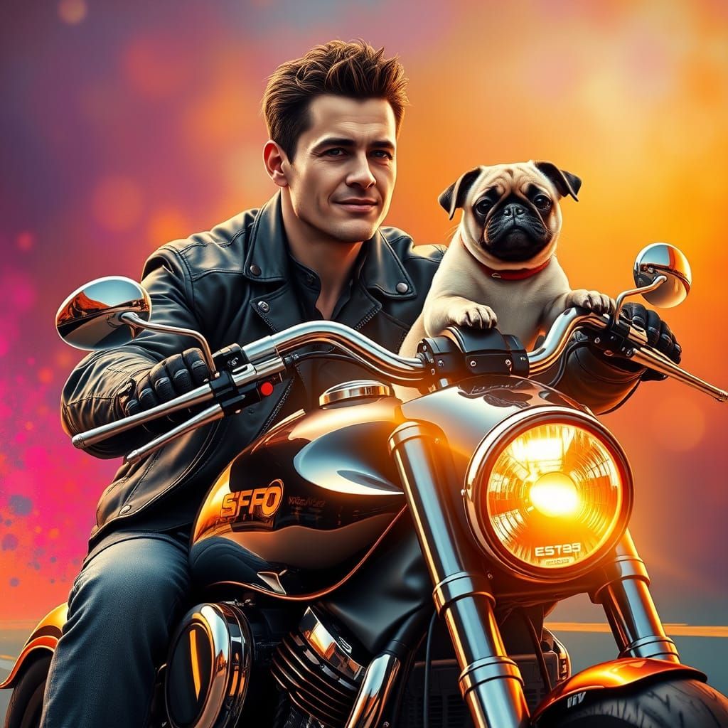 man riding a motorcycle plus a pug