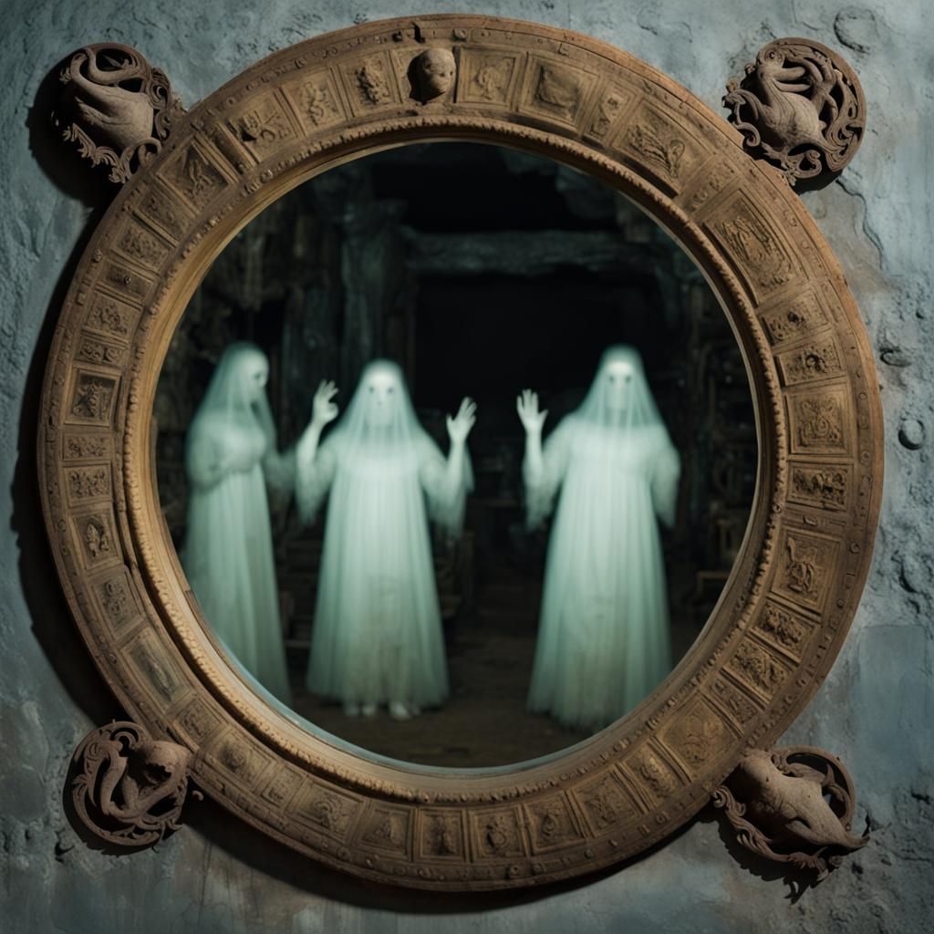 Mysterious Ancient Mirror Reflecting Ghostly Figures