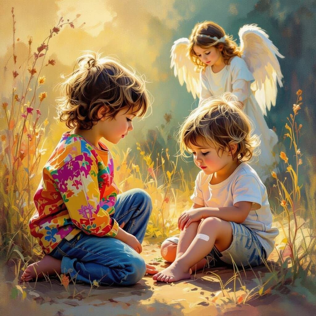 Kindness Between Children: Angelic Scene in Van Gogh Style