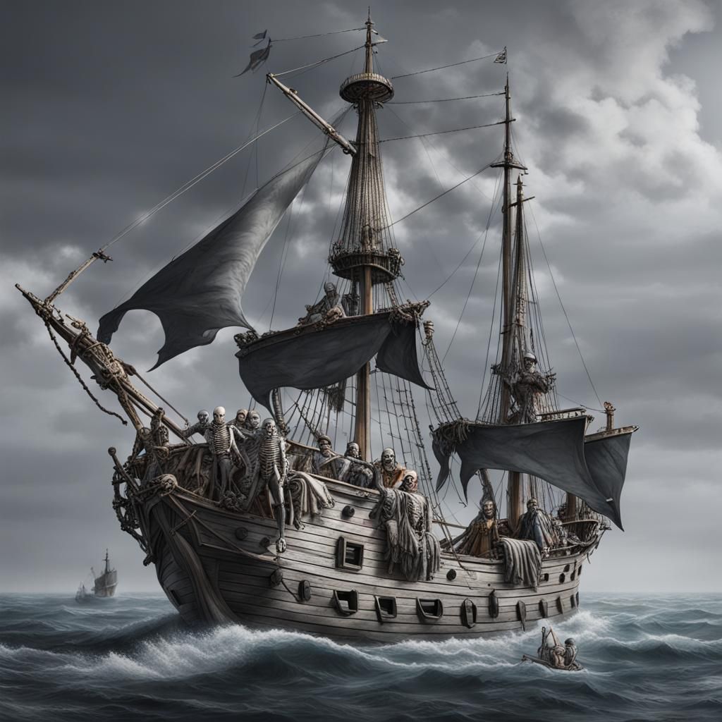 Skeleton Captain on Galleon with Grey Sails