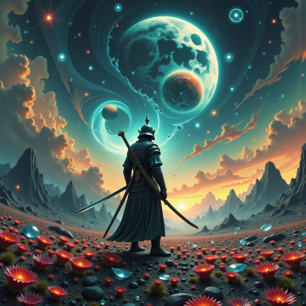 Samurai on Alien Planet in Cinematic Film Style