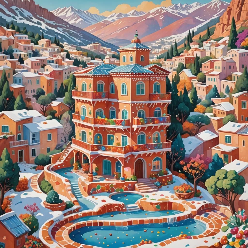 Greek House with Gummy Bear Mountains in Gouache Style
