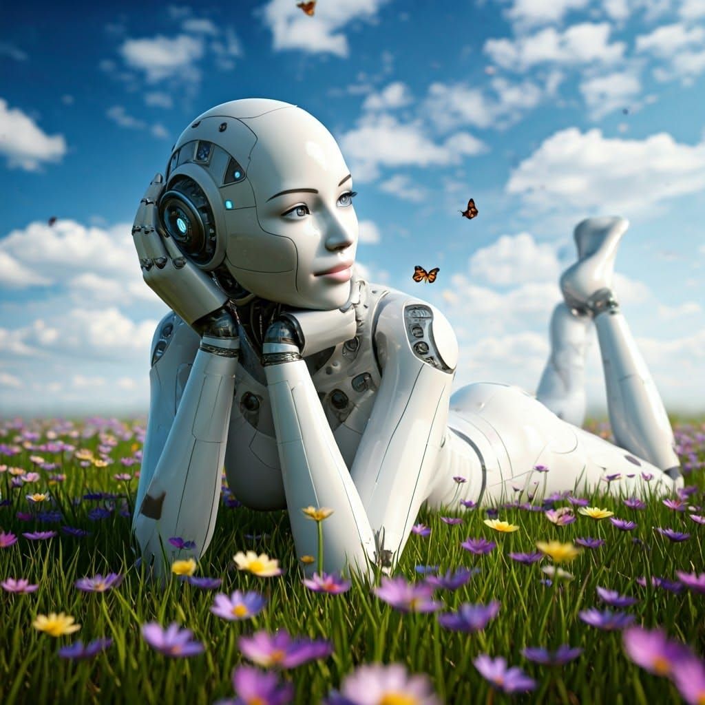 Robot in Meadow Watches Pollination, Photorealistic Portrait