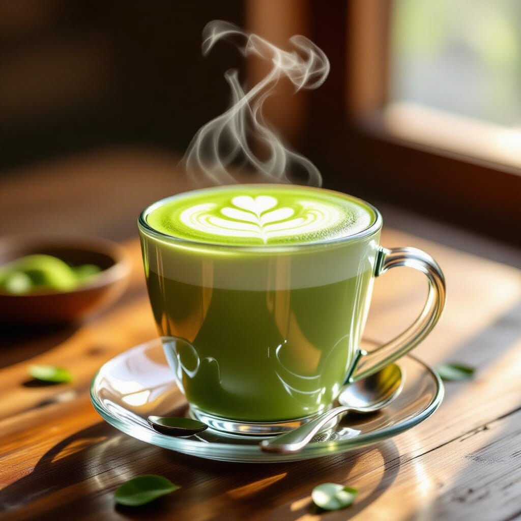 Frothy Matcha Latte with Latte Art in Morning Light